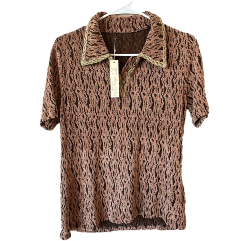 Vintage Women’s textured Brown and Cream Short Sleeved Polo w/Boutique Tags Med